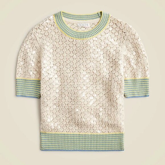 J. Crew S/S Clear Sequin Pointelle Sweater Tee with Striped Trim Size XXS NWT - Picture 1 of 10